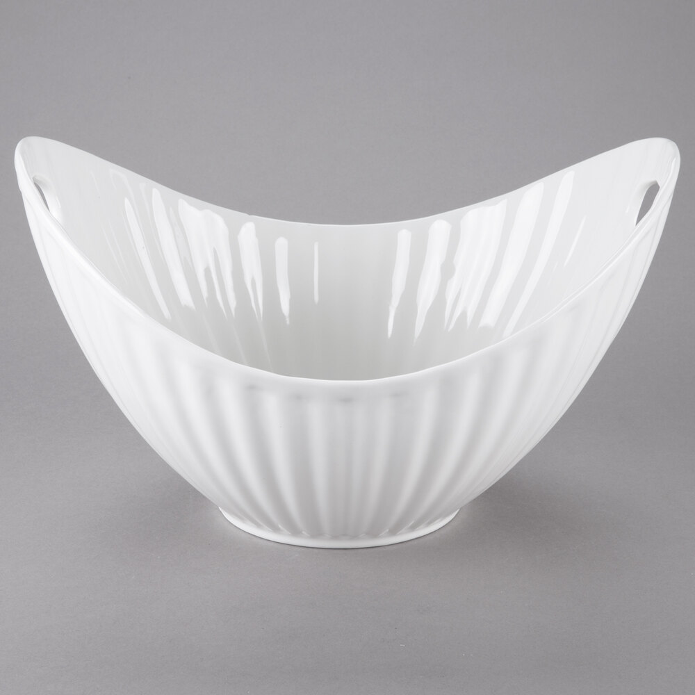 10 Strawberry Street WTR-13LNBOATBWL Whittier 80 oz. White Porcelain Boat Bowl with Line Texture - 4/Case