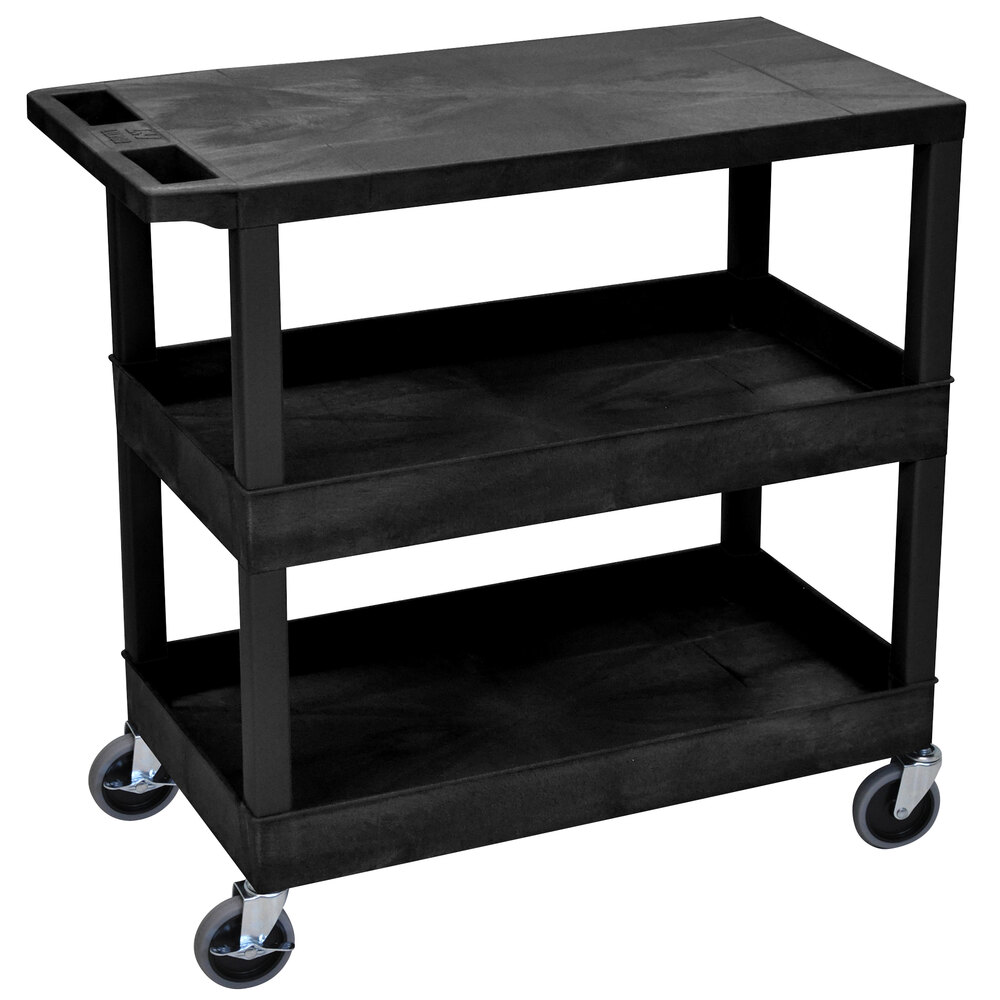 Luxor EC211-B Black 2 Tub and 1 Flat Shelf Utility Cart - 32" x 18"