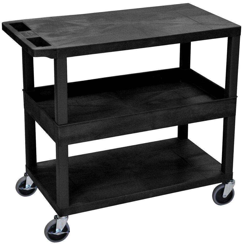 Luxor EC212-B Black 1 Tub and 2 Flat Shelf Utility Cart - 32" x 18"