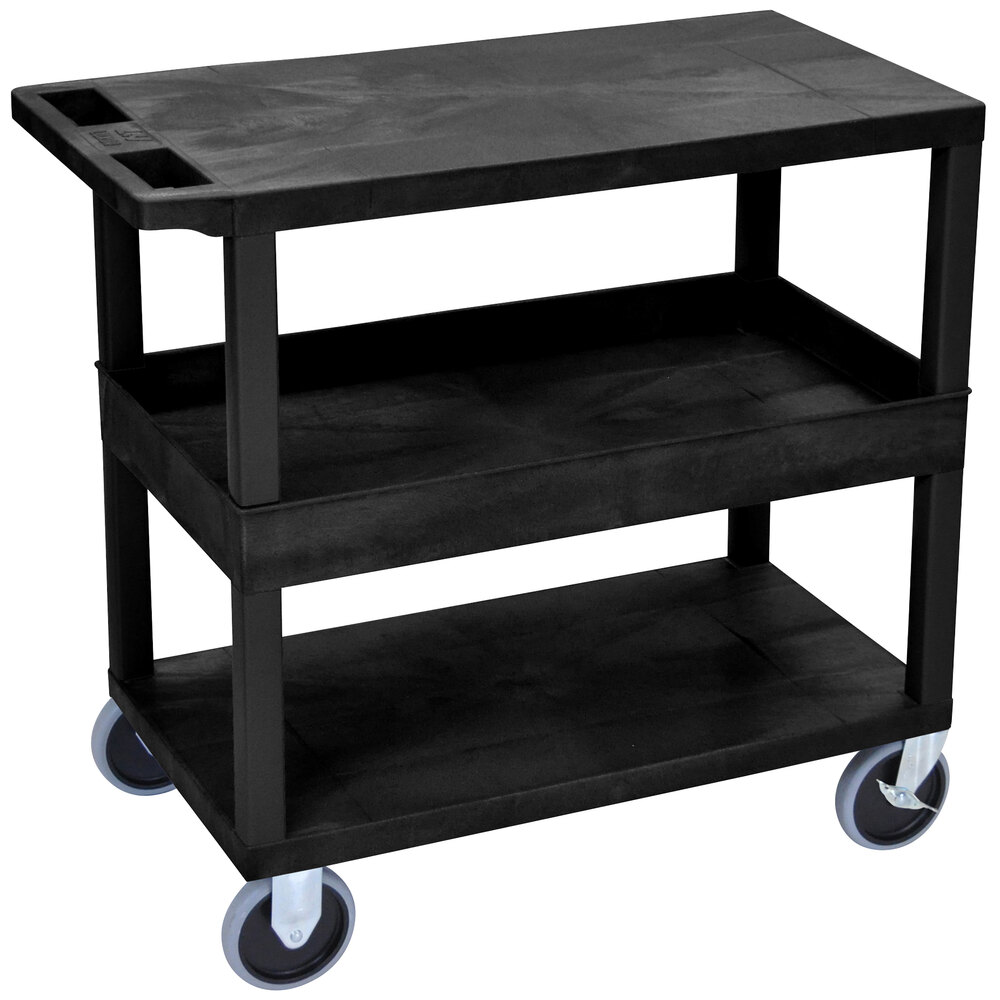 Luxor EC212HD-B Black 1 Tub and 2 Flat Shelf Utility Cart - 32" x 18"