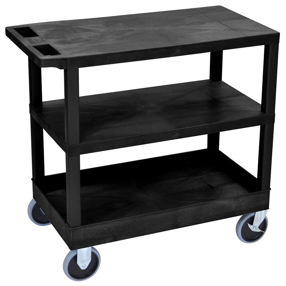 Luxor EC221HD-B Black 1 Tub and 2 Flat Shelf Utility Cart - 32" x 18"
