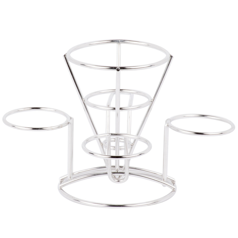 Clipper Mill by G.E.T. 4-96283 4 1/4" x 6" Stainless Steel Wire Cone Basket with 3 Ramekin Holders and Handle