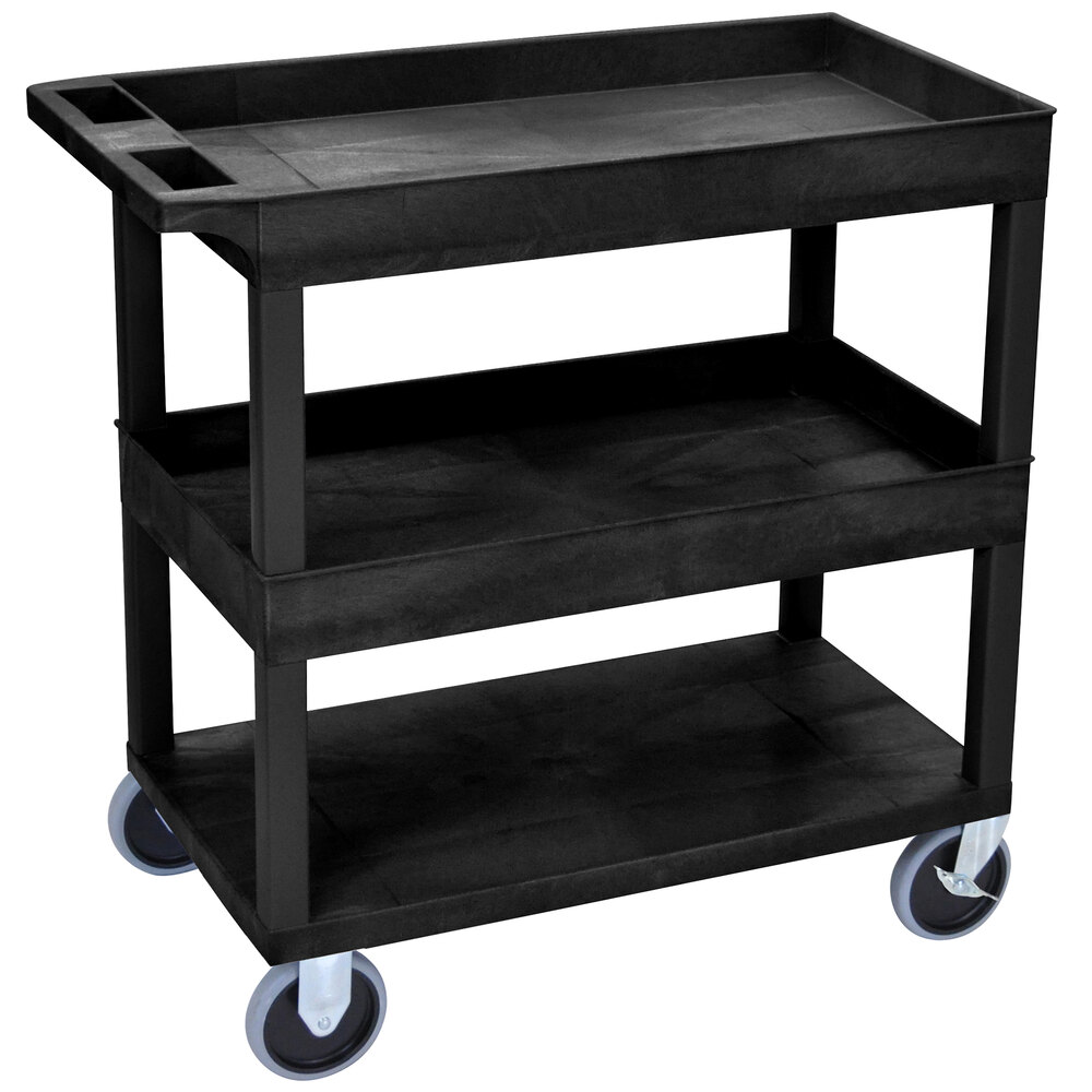 Luxor EC112HD-B Black Two Tub and One Flat Shelf Heavy-Duty Utility Cart - 18" x 35 1/4" x 37 1/4"