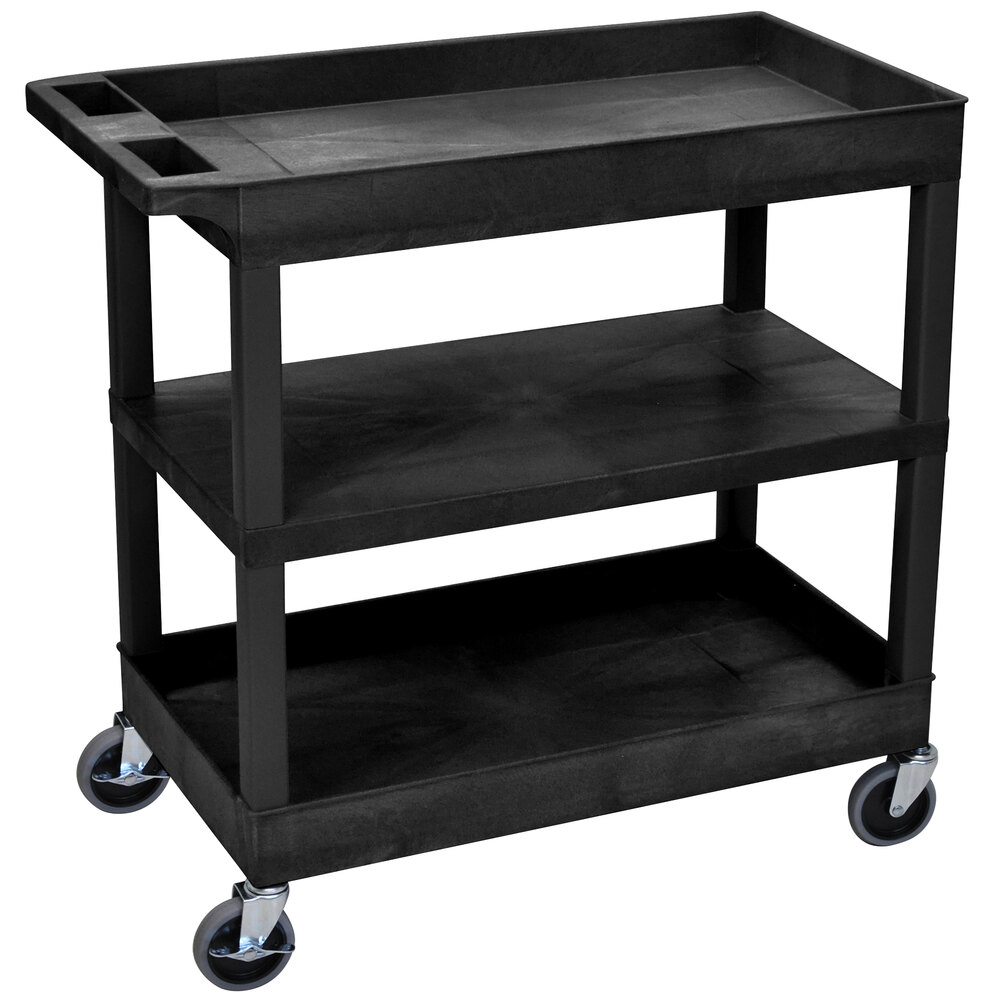 Luxor EC121-B Black Two Tub and One Flat Shelf Utility Cart - 32" x 18"