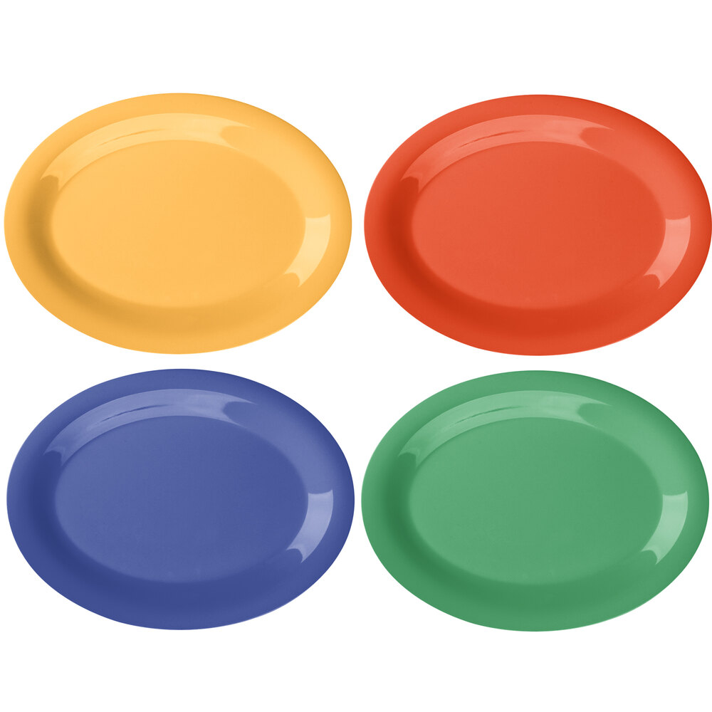 GET OP-120-MIX Diamond Mardi Gras 12" x 9" Oval Melamine Platter, Assorted Colors - 12/Case