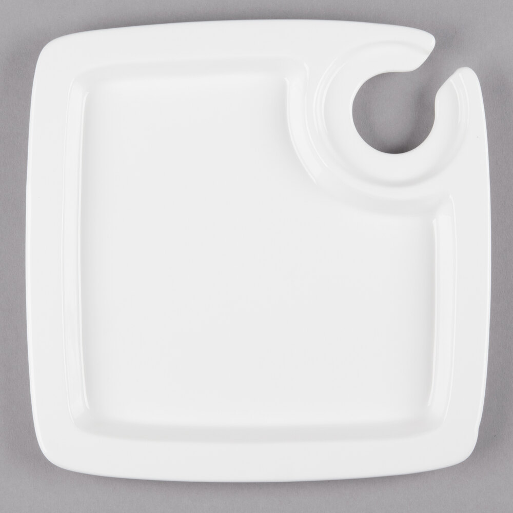 10 Strawberry Street WTR-SQAPTZR Whittier 9" White Porcelain Appetizer Plate with Wine Glass Holder - 24/Case