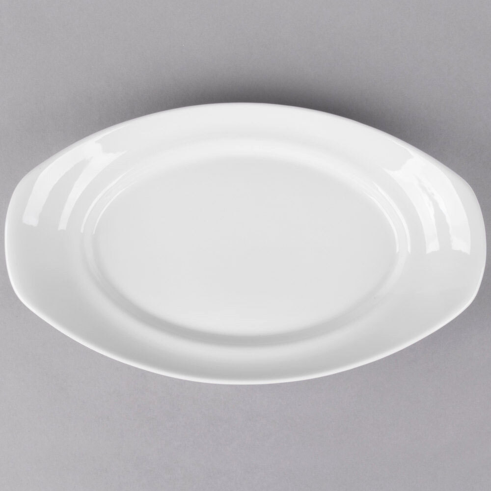 Libbey Slenda 14" x 8 1/4" Oval Royal Rideau White Footed Porcelain Handle Platter - 12/Case