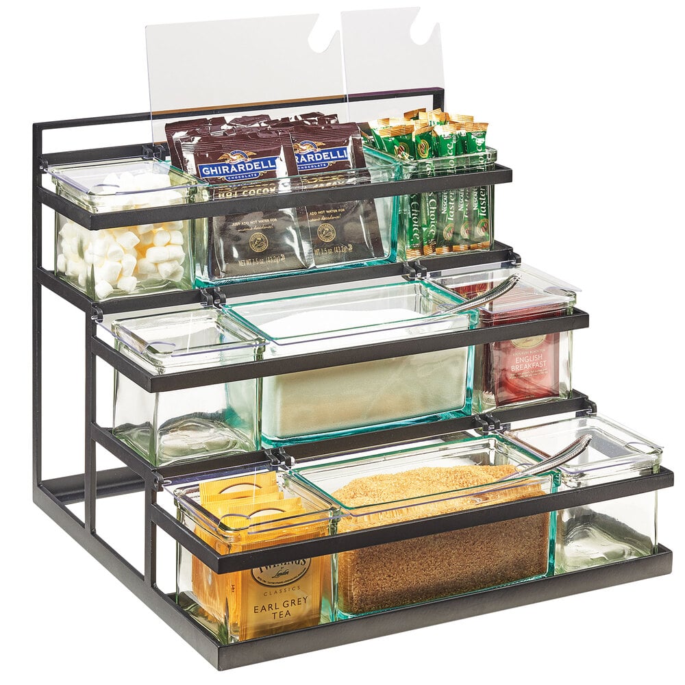 Cal-Mil 3603-13 3-Step Black Coffee Condiment Station with 9 Glass Jars - 16" x 14 3/4" x 13 1/2"