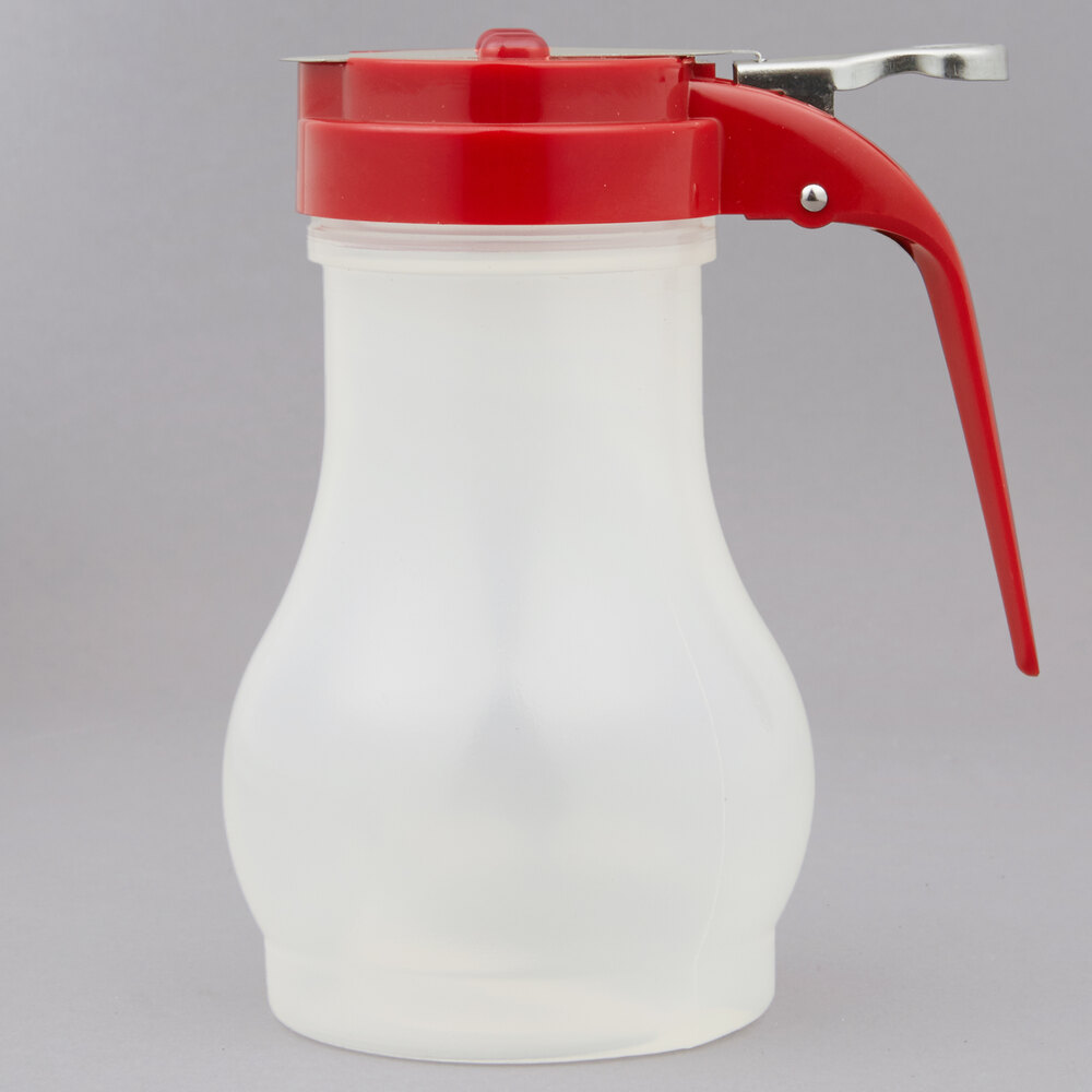 Tablecraft PP410RE 10 oz. Polypropylene Teardrop Syrup Dispenser with Red ABS Top - 12/Pack