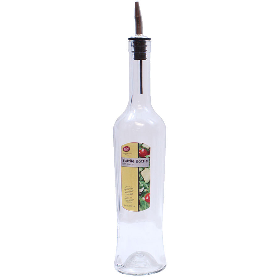 Tablecraft H933 Sottile 17 oz. Clear Glass Bottle with Stainless Steel Pourer
