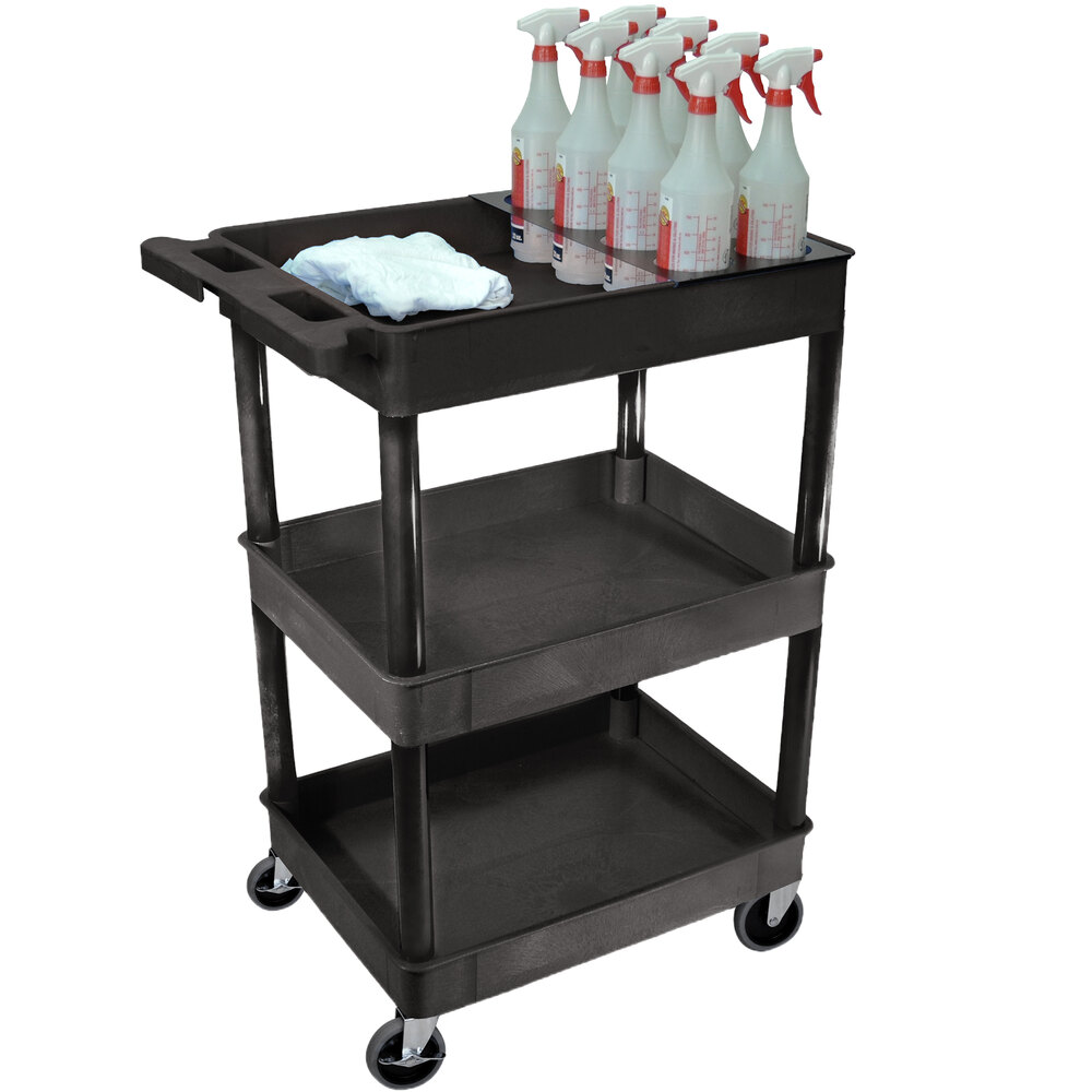 Luxor STC111H-B Black 3 Tub Shelf Utility Cart with Bottle Holder - 24" x 18"