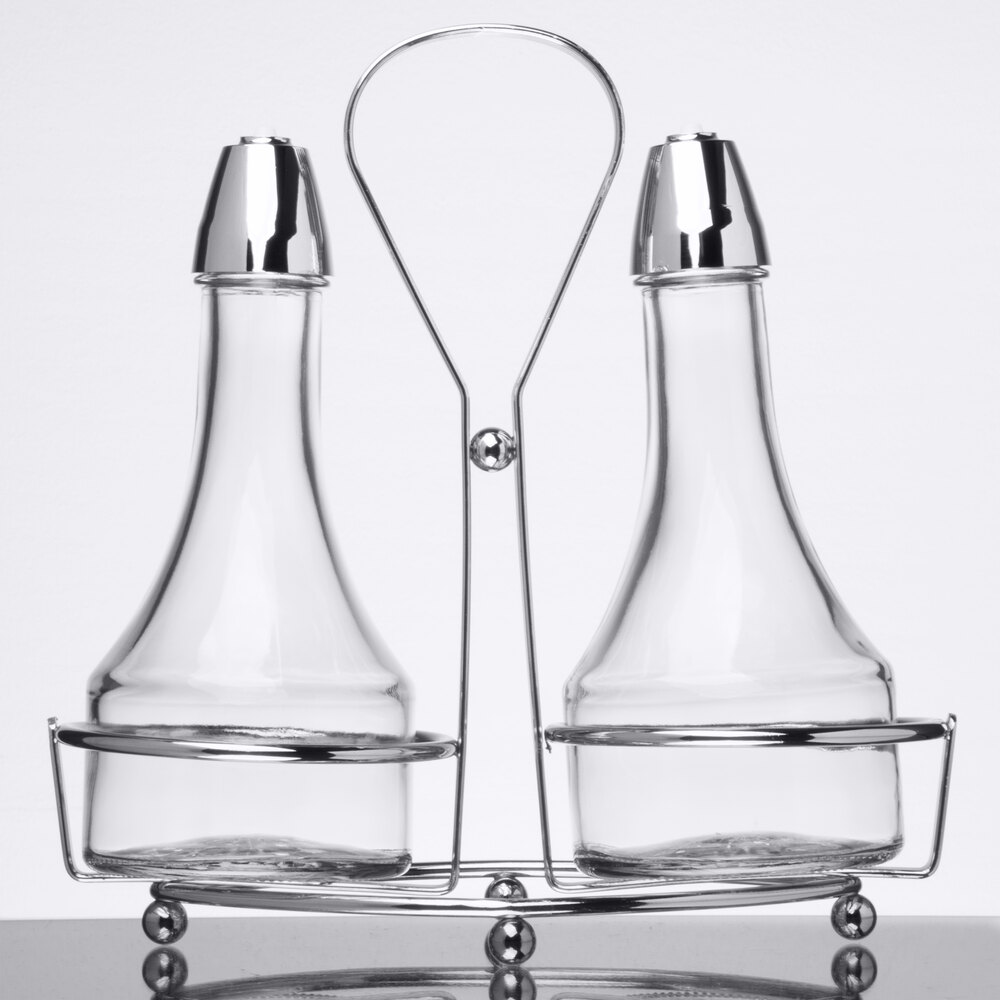 Tablecraft 608N Modern Sets 3 Piece Oil & Vinegar Cruet Set with Chrome Rack