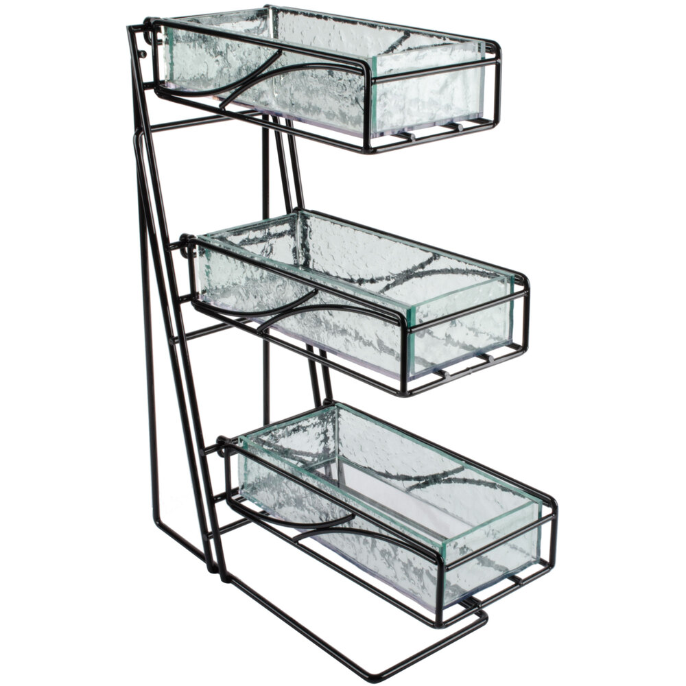 Cal-Mil 1235-13-43 Black 3-Tier Metal Flatware / Condiment Display with Faux Glass Bins