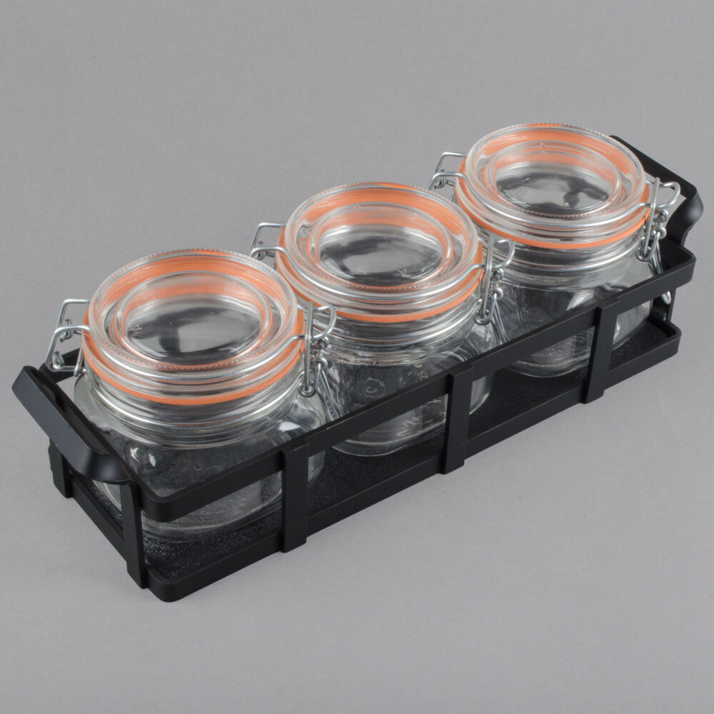 Cal-Mil 3335-13 Black Rustic Jar Condiment Display with 17 oz. Jars - 12 3/4" x 5" x 5 3/4"