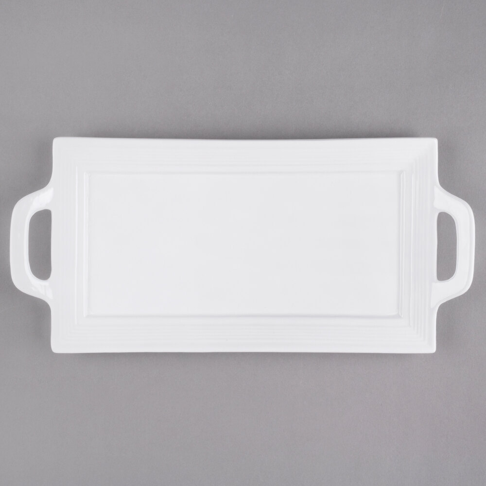 10 Strawberry Street WTR-12EMBHNDLPLTR Whittier 12" x 5" White Embossed Rectangular Porcelain Handled Platter - 36/Case