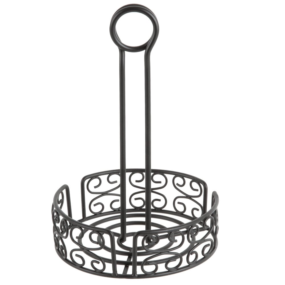 Choice Black Round Mediterranean Wrought Iron Condiment Caddy with Card Holder - 6" x 9 1/2"