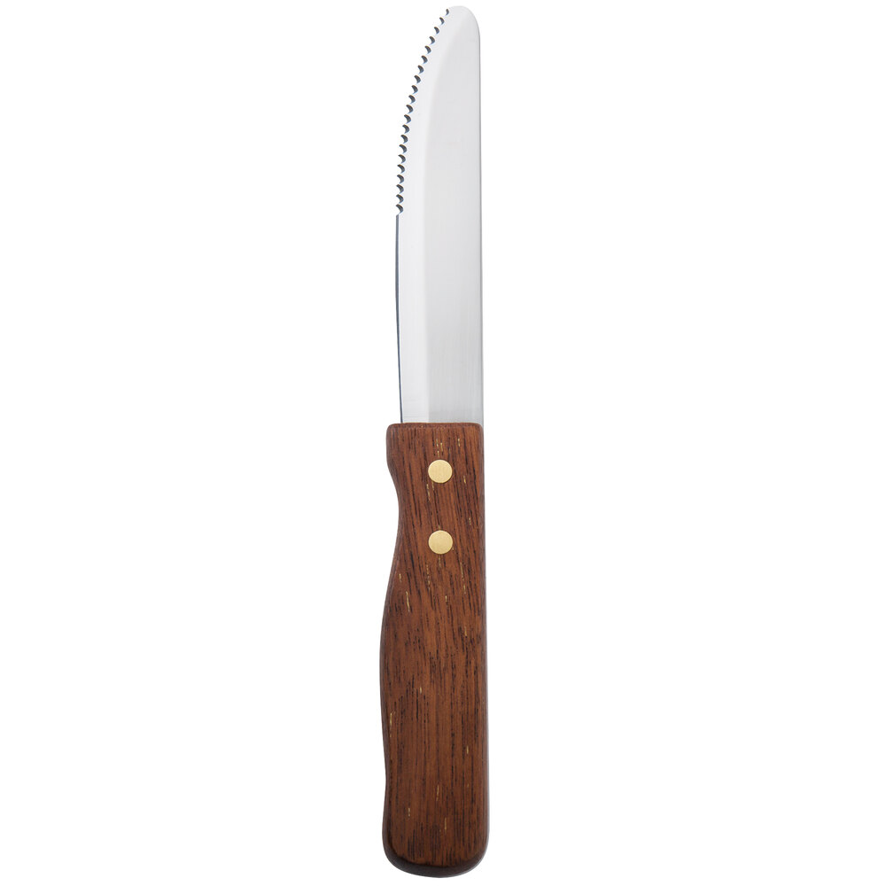 Walco Utica from Steelite International WL660537 II 5 1/16" Customizable Stainless Steel Steak Knife with Jumbo Hardwood Handle - 12/Pack