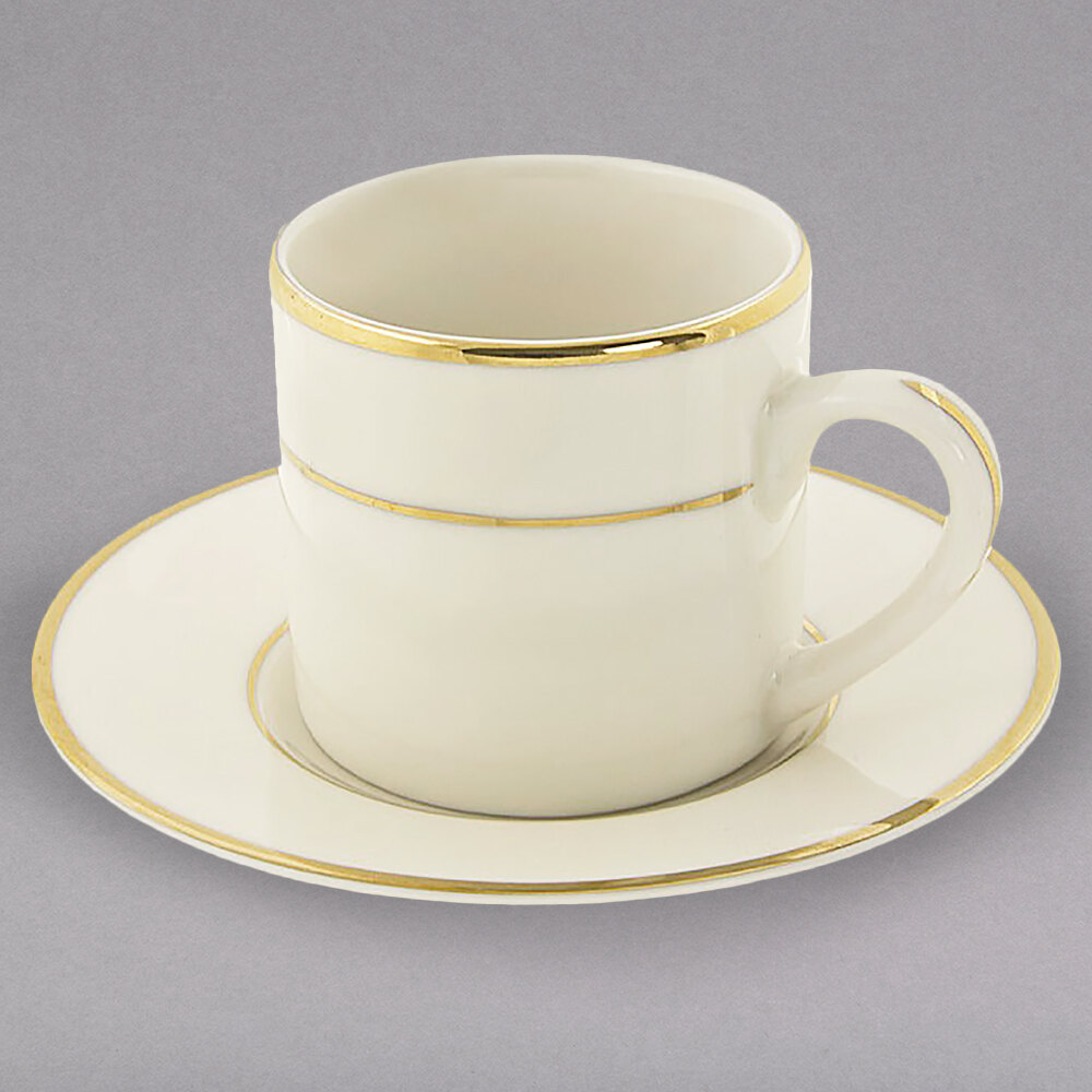 10 Strawberry Street CGLD0428 3 oz. Cream Double Gold Line Porcelain Espresso Can Cup with Saucer - 24/Case