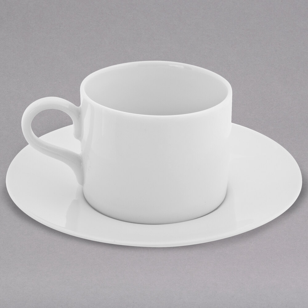 10 Strawberry Street RW0428 Royal White 4 oz. White Round Porcelain Demi Can Cup with Saucer - 24/Case