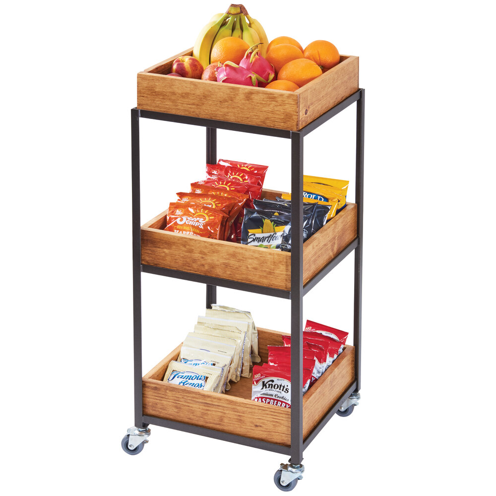 Cal-Mil 3921-84 Sierra Bronze Metal and Rustic Pine 3-Tier Merchandiser Cart with Removable Bins - 14 3/4" x 14 3/4" x 35"