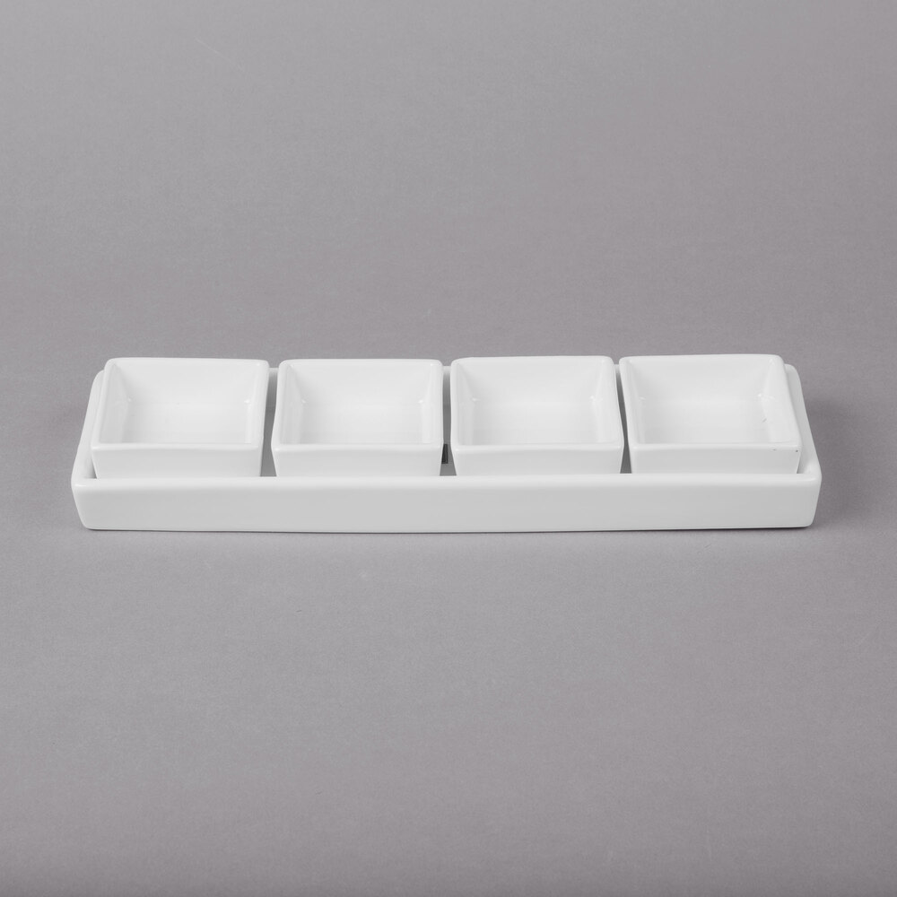 10 Strawberry Street LEX-4PKTCDMNT Whittier 11 1/8" White Rectangular Porcelain Tray with 4 Dishes - 12/Case