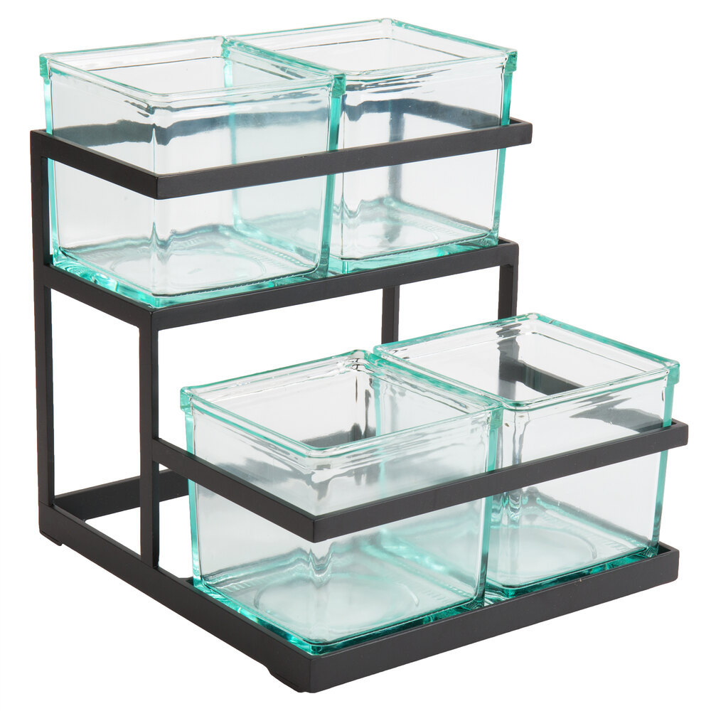 Cal-Mil 3604-13 2-Step Black Condiment Display with 4 Glass Jars - 11" x 10 1/4" x 11 1/2"