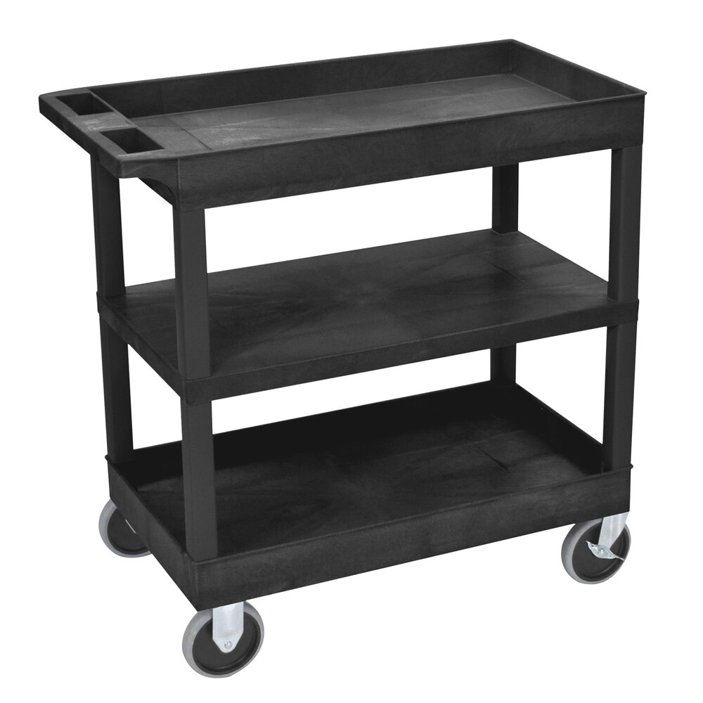 Luxor EC121HD-B Black Two Tub and One Flat Shelf Heavy-Duty Utility Cart - 35 1/4" x 18" x 37 1/4"