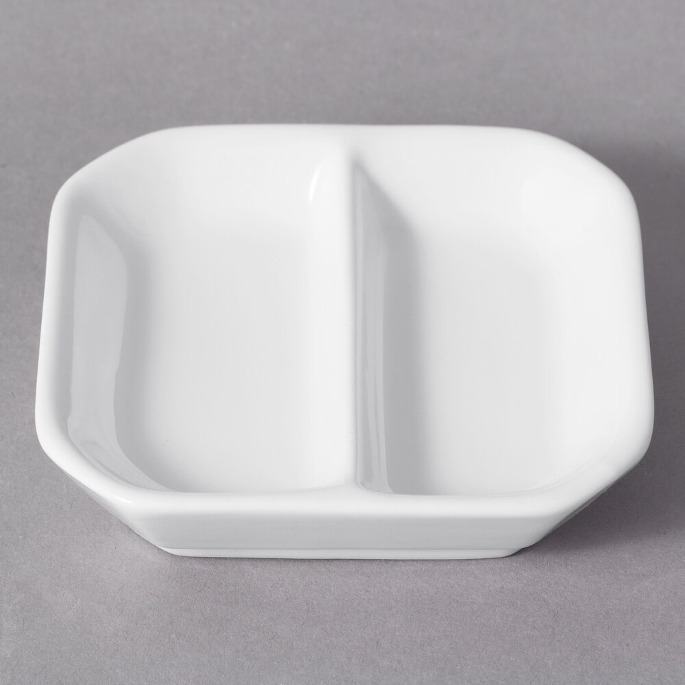 10 Strawberry Street WTR-3DIV Whittier 3" White Porcelain Divided Sauce Dish - 24/Case