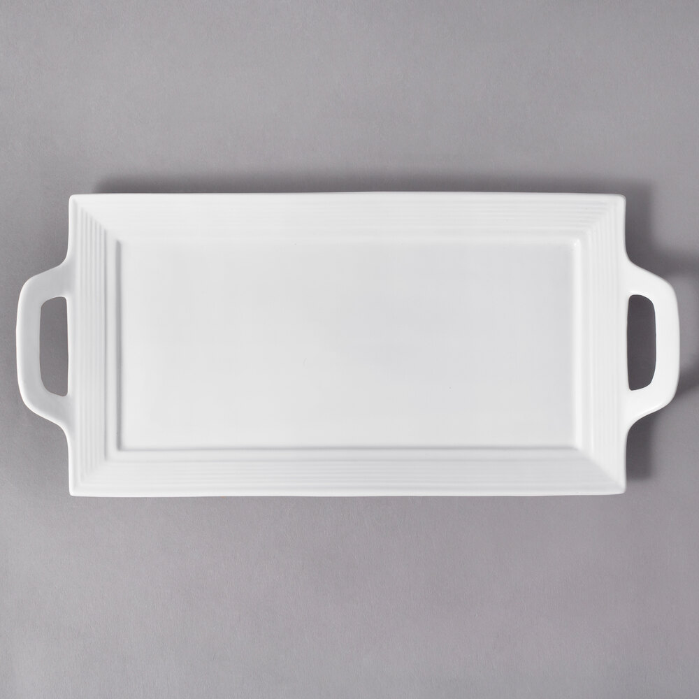 10 Strawberry Street WTR-15EMBHNDLPLTR Whittier 15" x 7" White Embossed Rectangular Porcelain Handled Platter - 18/Case