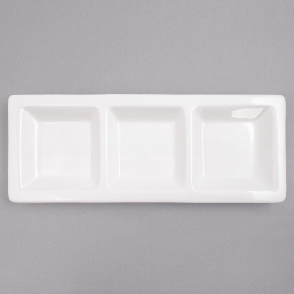 10 Strawberry Street WTR-SM3PKT Whittier 15 1/2" x 6 1/8" White Porcelain Small 3-Pocket Tray - 18/Case