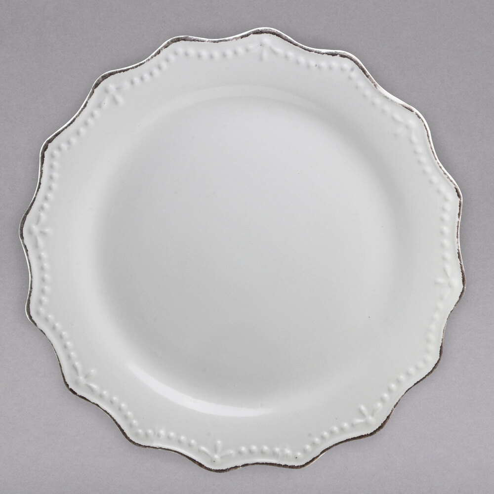 10 Strawberry Street OXFRD-4 Oxford 8 1/4" Silver/Metallic Rim White Stoneware Salad Plate - 24/Case