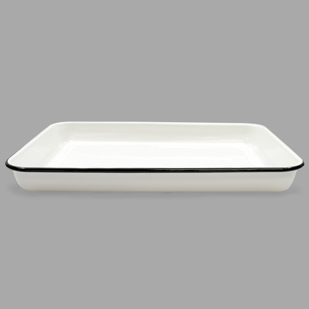 Tablecraft 80012 Enamelware 16 1/8" x 11 1/2" Black and Cream White Rolled Rim Serving Tray