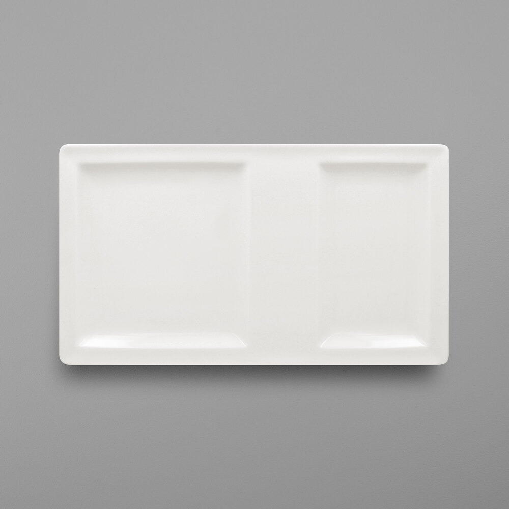 RAK Porcelain CLRP37IN2 Classic Gourmet 14 1/2" x 8 1/4" Ivory Porcelain 2-Compartment Rectangular Tray - 6/Case