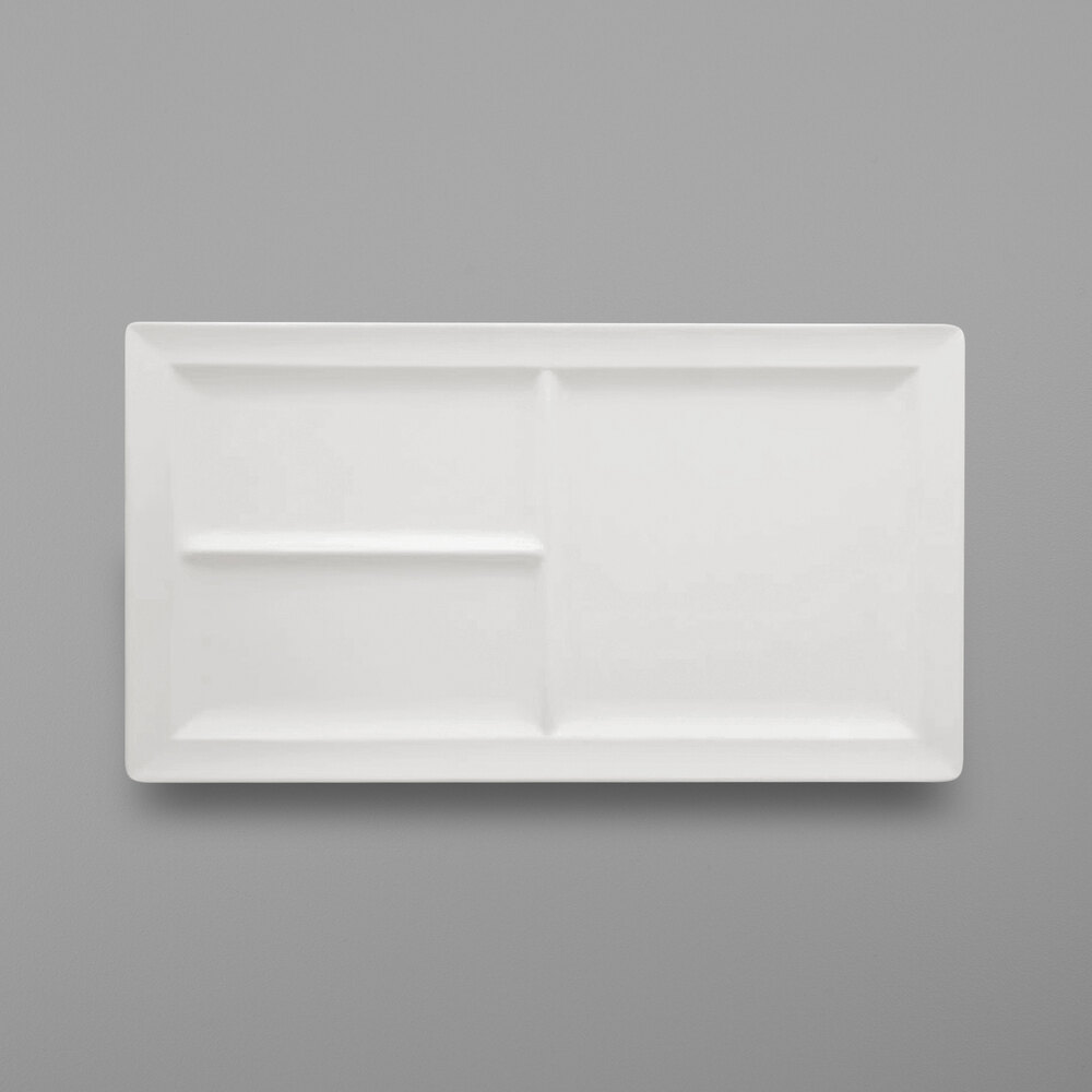 RAK Porcelain CLRP38IN3 Classic Gourmet 15 5/16" x 8 3/8" Ivory Porcelain 3-Compartment Rectangular Tray - 6/Case