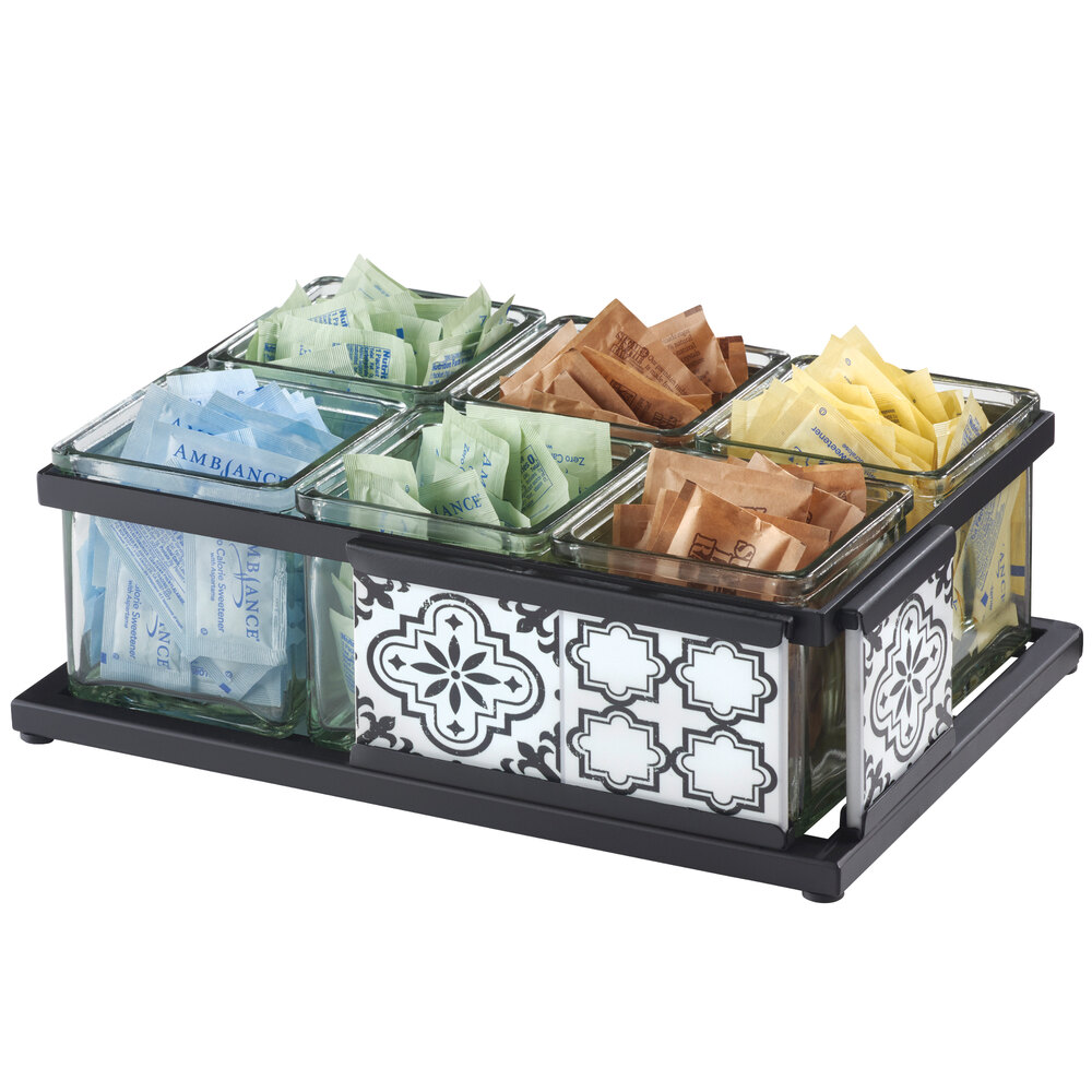 Cal-Mil 4031-6-85 Granada Condiment Organizer with 6 Glass Jars and Melamine Tile - 13" x 9 1/4" x 4 1/4"