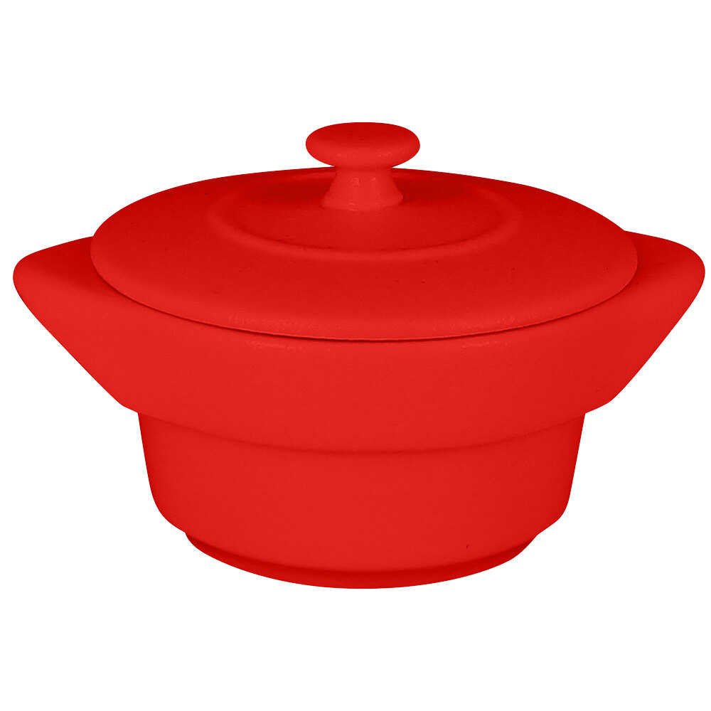 RAK Porcelain CFRD10BR Chef's Fusion 7.3 oz. Ember Red Round Porcelain Cocotte with Lid - 12/Case