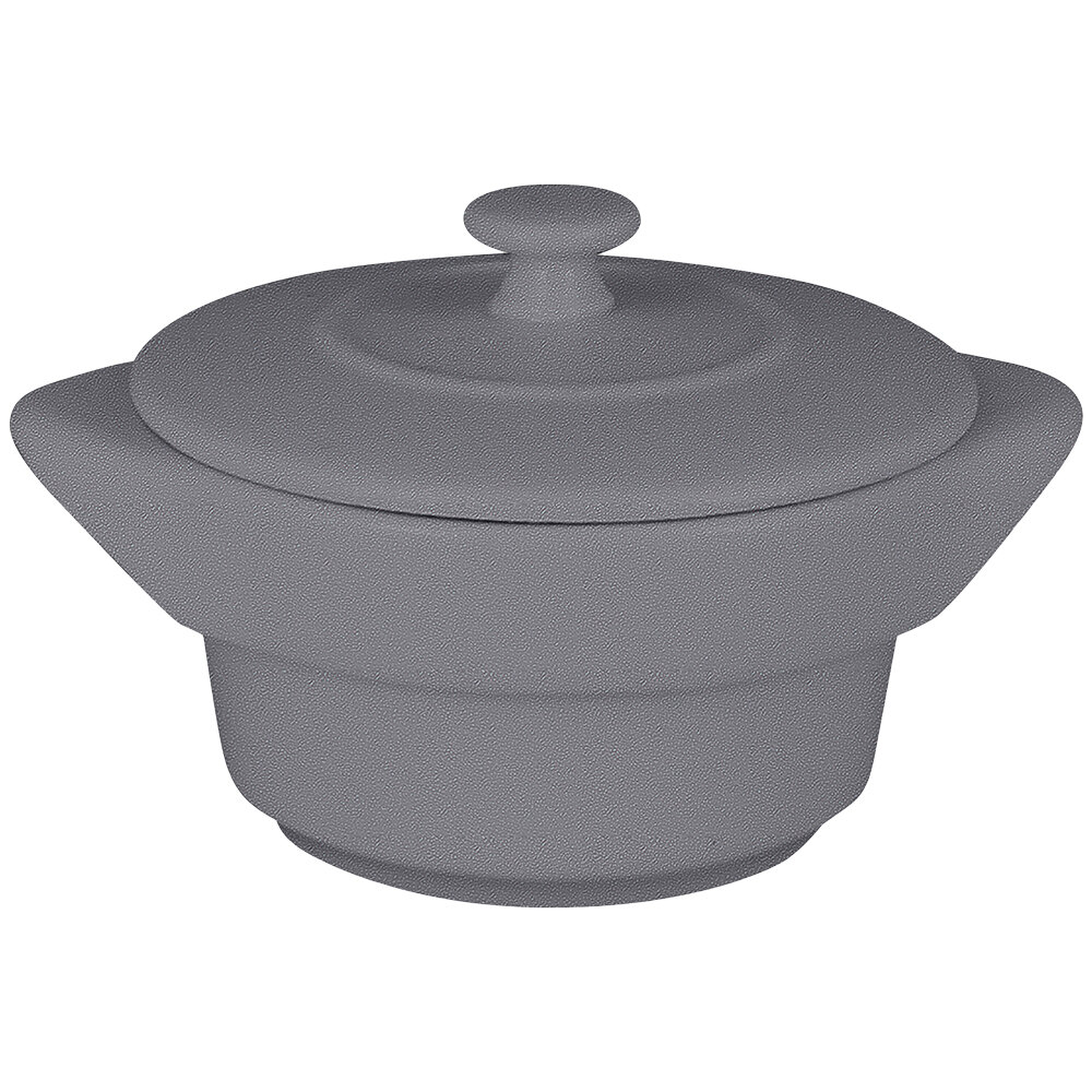 RAK Porcelain CFRD10GY Chef's Fusion 7.3 oz. Stone Gray Round Porcelain Cocotte with Lid - 12/Case