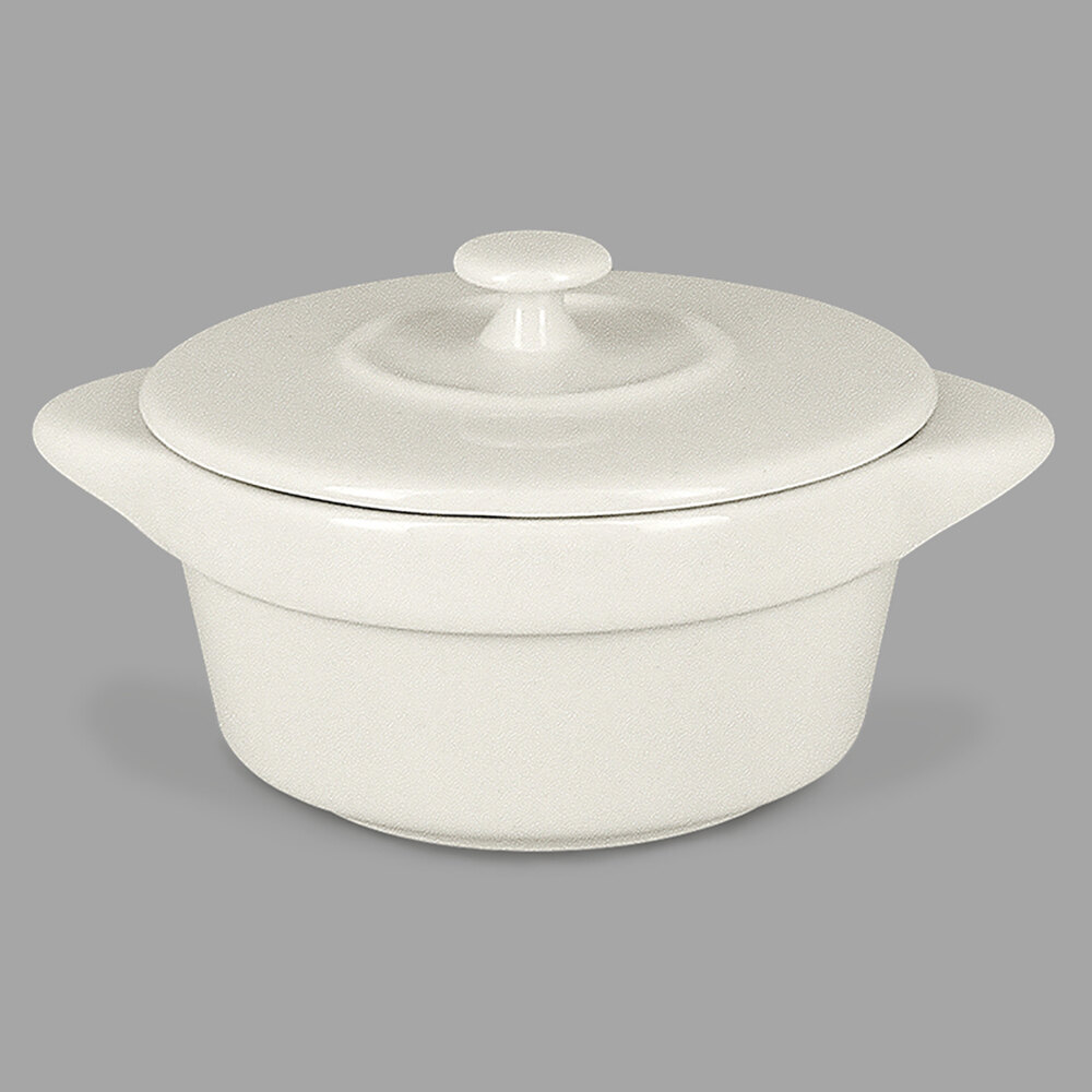 RAK Porcelain CFRD09WH Chef's Fusion 3.8 oz. Sand White Porcelain Mini Cocotte with Lid - 12/Case