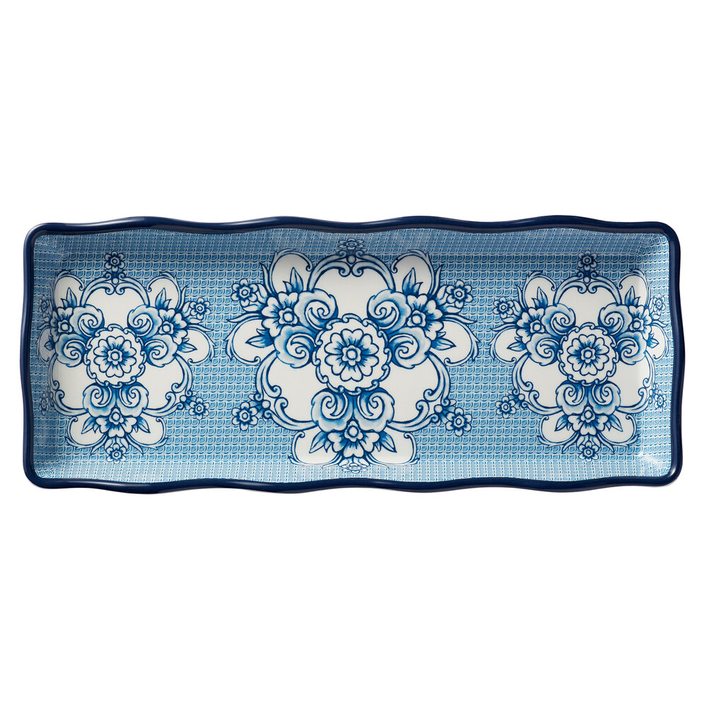 American Metalcraft BLUP14 Isabella 14" x 5" 5/8 Rectangular Blue / White Floral Melamine Serving Platter with Scalloped Rim