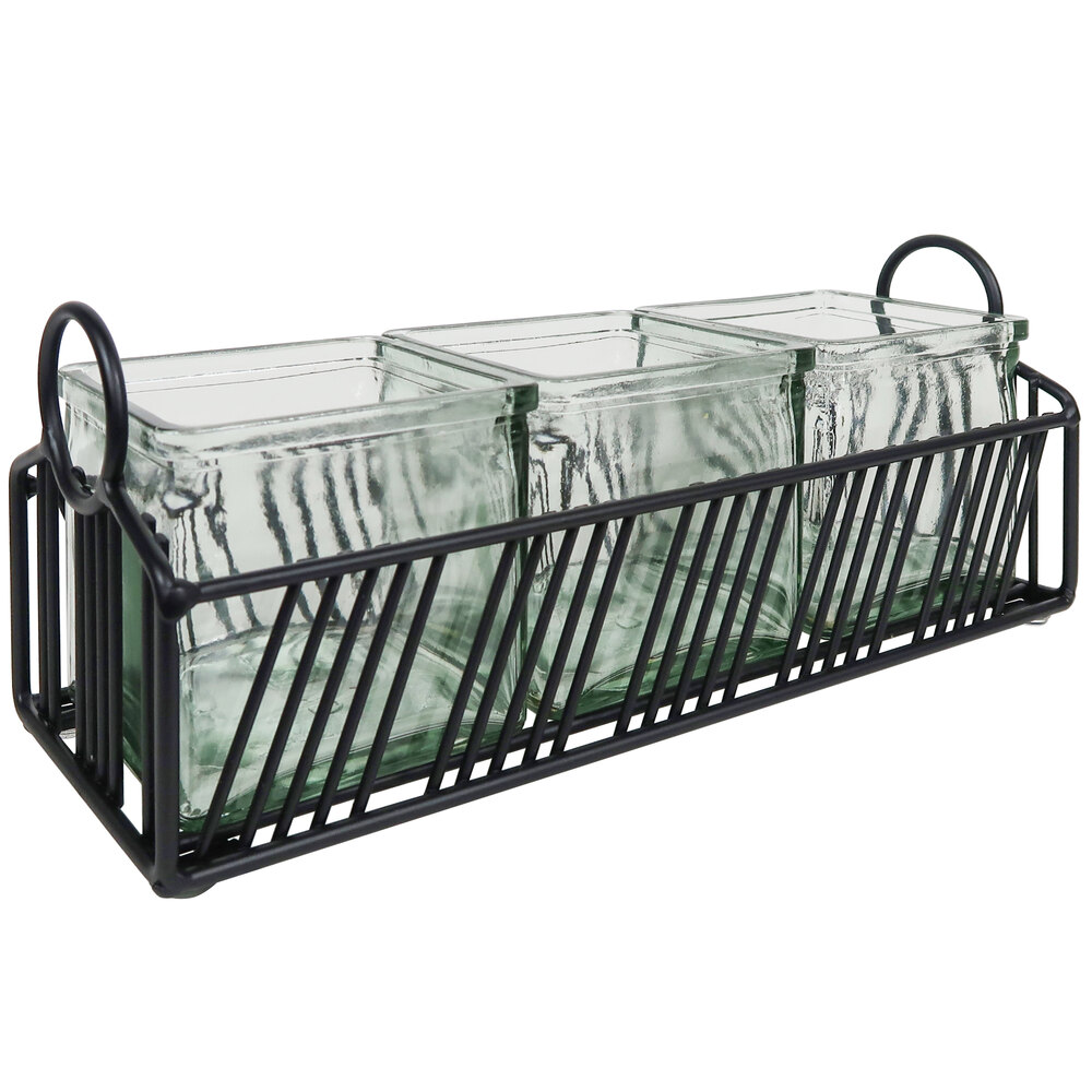 Cal-Mil 4101-3-13 Portland Black Condiment Organizer with 3 Glass Jars - 12 1/2" x 4 1/2" x 5 1/4"