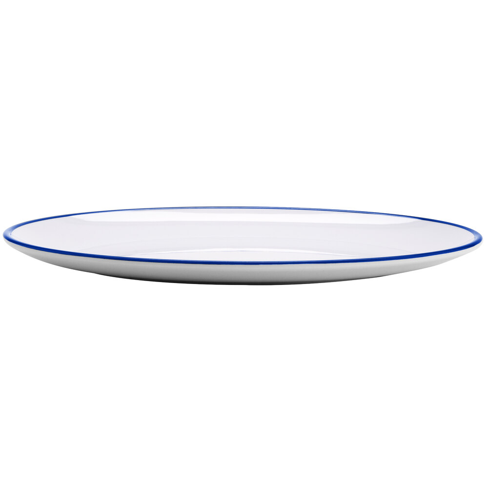 GET OP-1291-W/CB Settlement Bistro 12 1/2" x 9" White with Cobalt Trim Enamelware Oval Melamine Dinner Plate - 12/Case