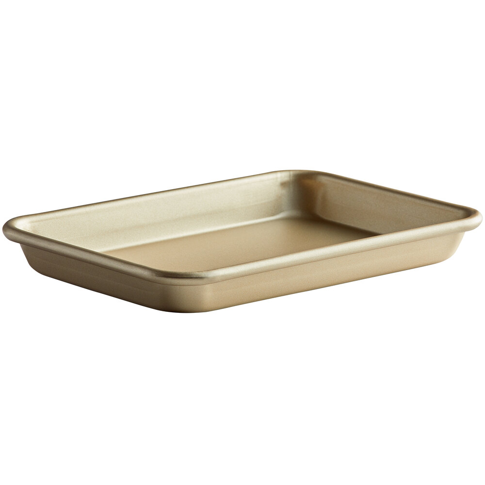 Baker's Lane Eighth Size 19 Gauge Non-Stick 6 1/2" x 9 1/2" Gold Wire in Rim Aluminum Bun / Sheet Pan / Tray