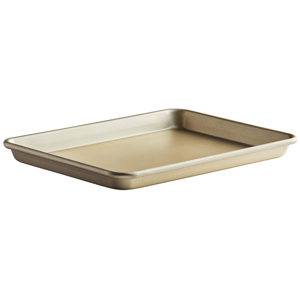 Baker's Lane Quarter Size 19-Gauge Non-Stick 9 1/2" x 13" Gold Wire in Rim Aluminum Bun / Sheet Pan / Tray