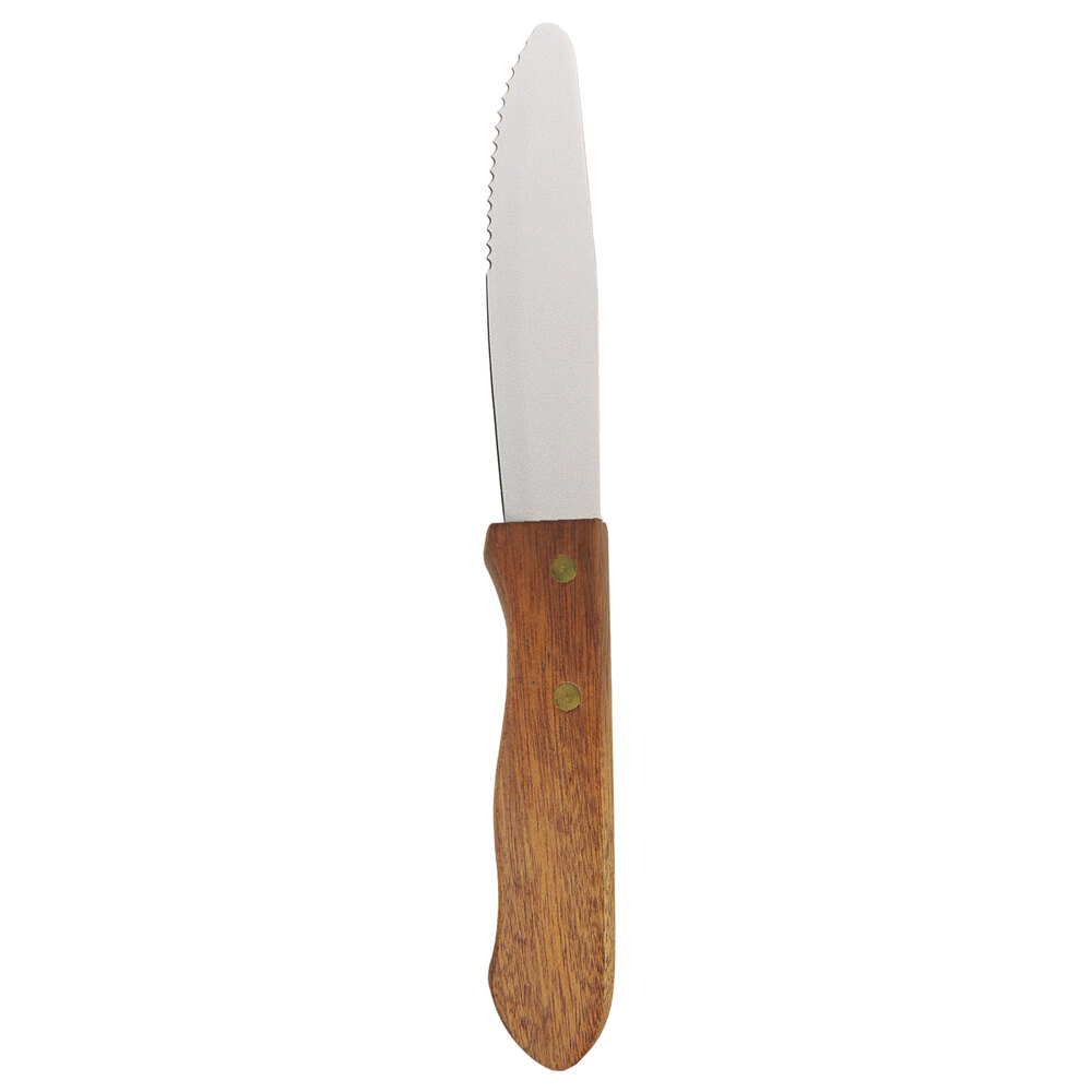 Walco from Steelite International WL630527 5" Stainless Steel Serrated Round Tip Steak Knife with Jumbo Wood Handle - 12/Case