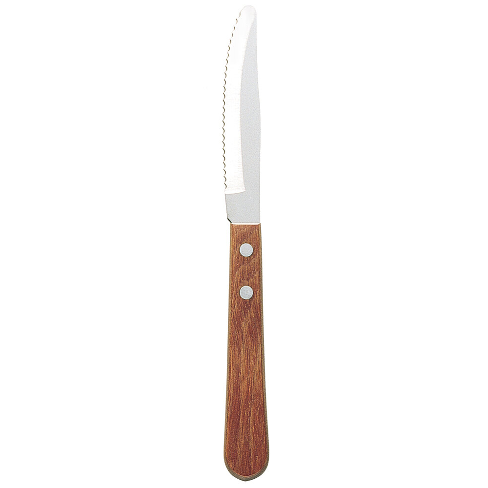 Walco from Steelite International WL960527 3 3/4" Stainless Steel Serrated Round Tip Steak Knife with Pakka Wood Handle - 24/Case