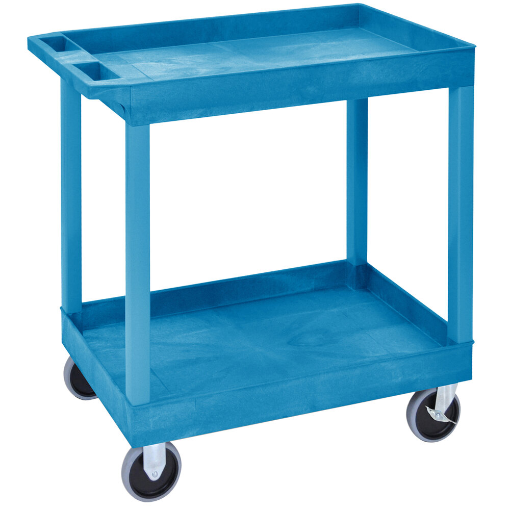 Luxor 18" x 35 1/4" x 34 1/4" Blue HDPE Utility Cart with Two Tub Shelves and 5" Heavy-Duty Casters EC11HD-BU