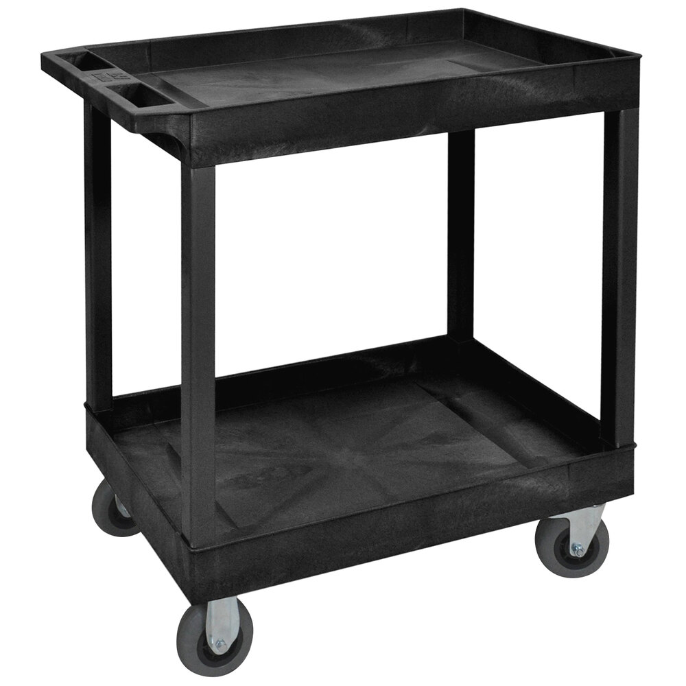 Luxor 18" x 35 1/4" x 35 1/2" Black HDPE Utility Cart with Two Tub Shelves and 5" Semi-Pneumatic Casters EC11SP5-B