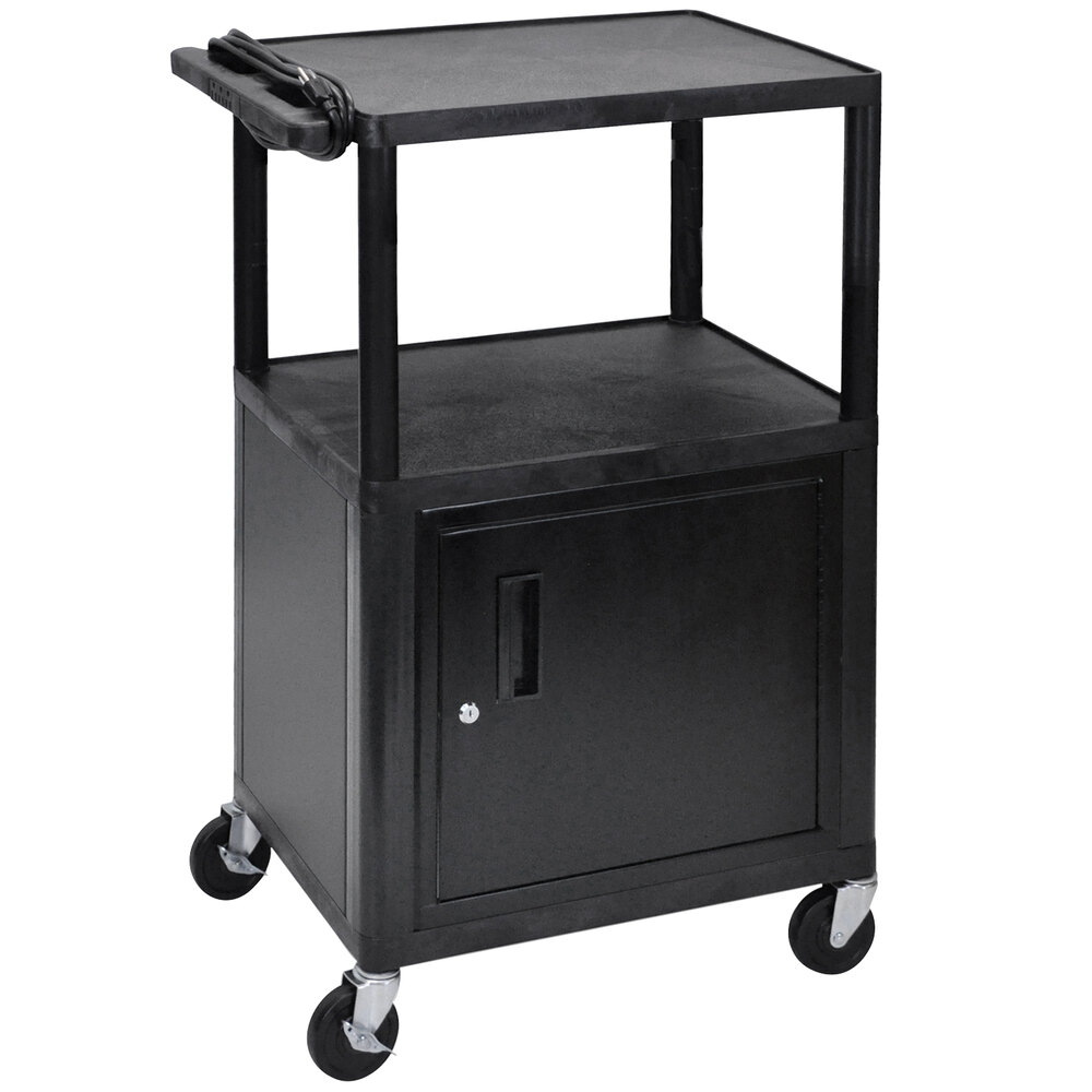 Luxor LE42C-B Black 3 Shelf A/V Cart with Locking Cabinet - 24" x 18" x 42"