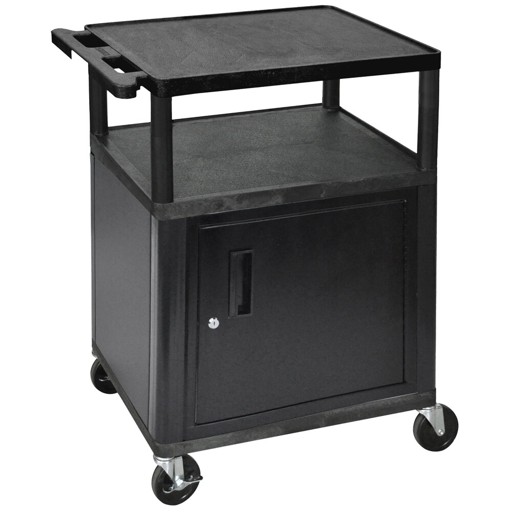 Luxor LP34C-B Black 3 Shelf A/V Utility Cart with Locking Cabinet - 24" x 18" x 34"