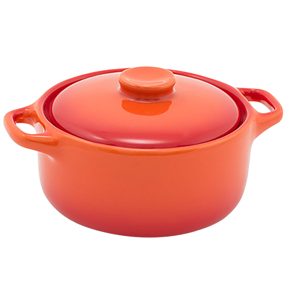 Front of the House DBO134ORC23 Kiln 7 oz. Blood Orange Round Stoneware Ovenware Dish with Lid - 12/Case